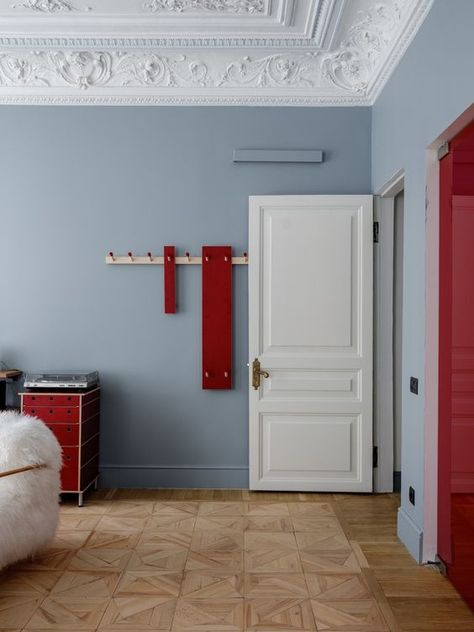 Powder Blue Bedroom, Blue Room Paint, Red Interior Design, Industrial Room, Blue Interior Design, Hallway Inspiration, Blue Furniture, Bedroom Red, Red Rooms