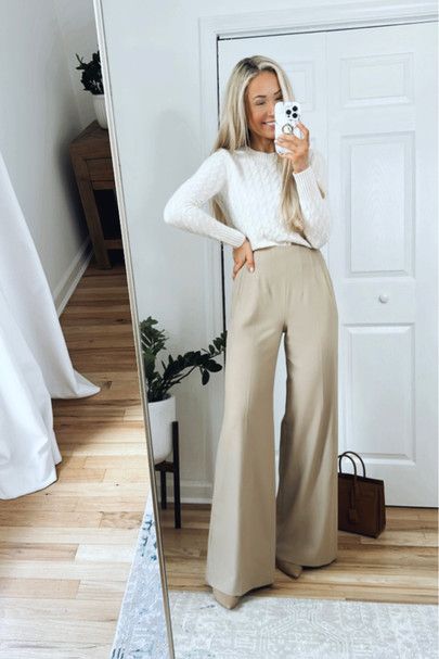 Flared Business Pants Outfit, Cardigan With Dress Pants, Dress Pants Sweater Outfit, Slacks With Sweater Outfit, Flare Pant Work Outfit, Polished Work Looks, Flowy Work Outfit, Oatmeal Pants Outfit, Cream Work Pants Outfit