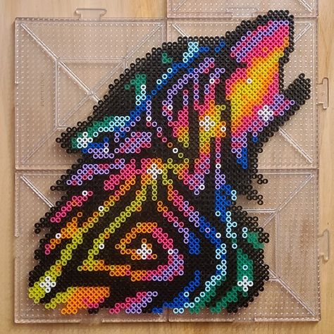 Large perler bead rainbow wolf Perler Beads Mandalas, Peacock Perler Beads Pattern, Peacock Perler Beads, Perler Bead Wolf, Werewolf Perler Beads, Perler Bead Wolf Pattern, Hamma Beads Ideas, Easy Perler Bead Patterns, Melty Bead Patterns