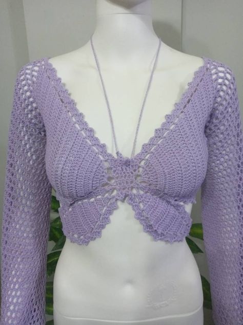 Top Borboleta, Crochet Booth, Gigi Outfits, Bolero Haken, White Crochet Tank Top, Crochet Butterfly Free Pattern, Handmade Bra, Y2k Crochet, Crochet Long Sleeve Tops