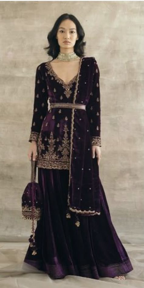 Velvet Garara Design, Lilac Velvet Dress, Velvet Garara Suit Design, Lohri Outfits For Women, Pakistani Velvet Suits Party Wear, Velvet Garara, Velvet Gharara, Velvet Sharara Suit, Velvet Anarkali Suits