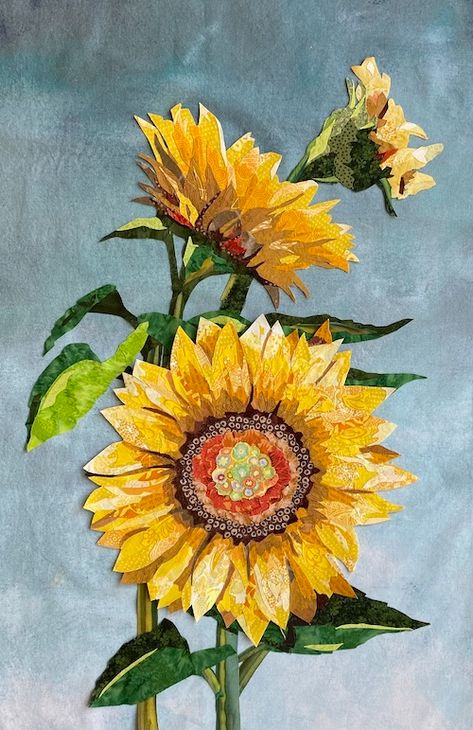 SUNFLOWER FABRIC COLLAGE FULL, WAITLIST ONLY | Portsmouth Fabric Co Flower Collage Art Project, Sun Collage, Sunflower Collage, Floral Photography Art, Collage Quilting, Sunflower Fabric, Strip Quilt Patterns, Collage Quilts, Sunflower Crafts