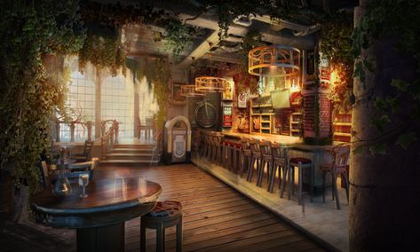 Restaurant Concept Art, Bar Concept Art, Fantasy Restaurant, Anime Bar, Bar Concept, Christmas Coffee Bar, Restaurant Concept, Fantasy Concept, Bar Set Up