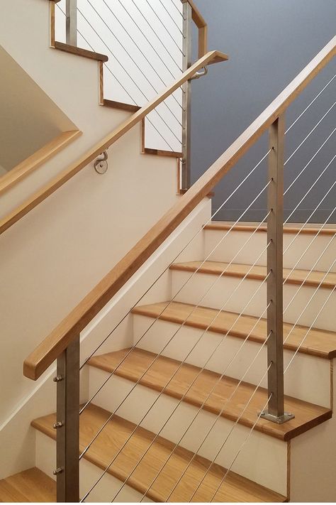 Stairs With Wire Railing, Staircase With Wire Railing, Stair Wire Railing, Stair Railing Kits Indoor, Internal Balustrade Ideas, Staircase Banister Ideas Metal, Balistraids Stairs, Wood And Wire Railing, Interior Cable Stair Railing