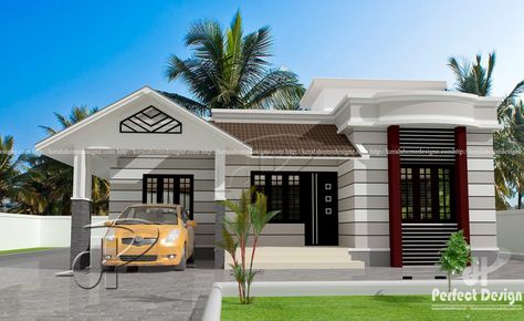 This gorgeous one story house with roof deck has a total floor area of 74 square meters (796 Sq.Ft). The porch can be re-purposed as a one car garage with an elevated sit out to at least 450 mm fro… One Floor House, Single Floor House Design, One Storey House, Design Floor Plans, House Roof Design, My House Plans, Kerala House, Kerala House Design, Kerala Houses