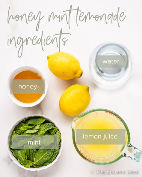 Sip this naturally sweetened, ultra-refreshing mint lemonade all summer long. The tangy taste of fresh lemon is perfectly balanced with a mint-infused honey syrup for an all-natural spin on everyone's favorite summer drink. It's easy to mix up at home and ready in just 20 minutes! #theendlessmeal #mintlemonade #lemonade #mint #mintmocktail #mocktail #summer #summerdrink Mint Refresher, Lemonade Mint Recipe, Honey Mint Lemonade, Mint Drinks Healthy, Lemon And Mint Drink, Mint Summer Drinks, Lemon Mint Drink, Lemon And Mint, Lemon Mint Mocktail