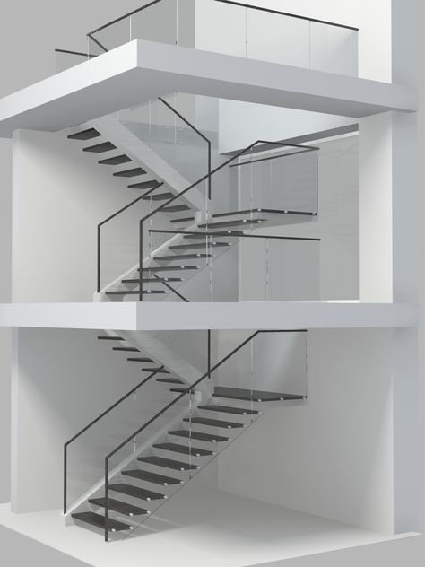 U-shape staircase with a custom steel construction on the side and black steps, glass railings and wooden handrail on top of it. Staircase Tower Design Exterior, U Shape Staircase Design, Tower Staircase, Spiral Staircase Dimensions, Black Steps, U Shaped Stairs, U Shaped Staircase, Wooden Handrail, Staircase Styles