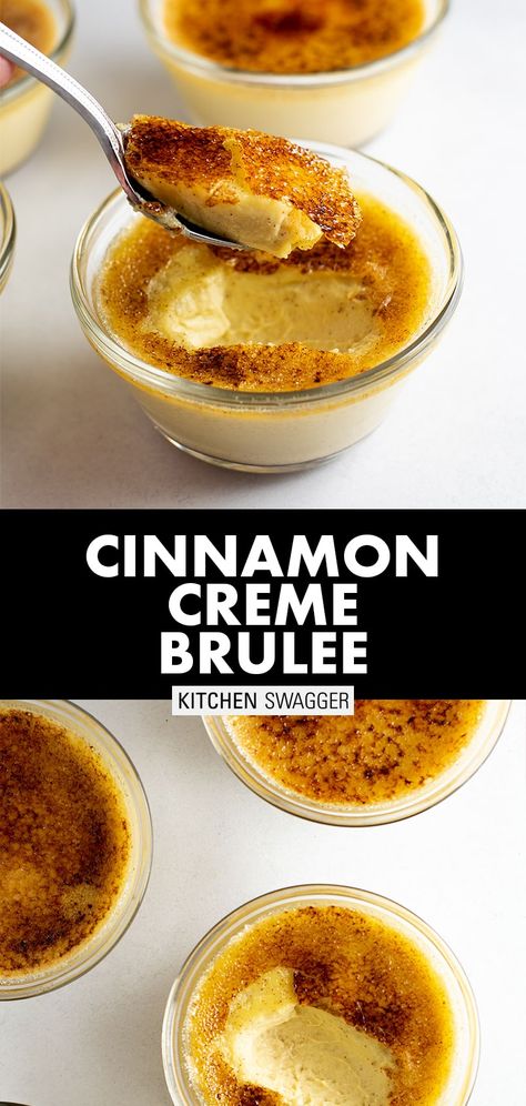 My easy cinnamon crème brûlée recipe is made with heavy cream, egg yolks, sugar, vanilla extract (or fresh vanilla bean if you prefer), ground cinnamon. It's a phenomenal and delicious combo that comes together fairly quickly. #desserts #cremebrulee #cinnamoncremebrulee #datenightrecipes Cinnamon Creme Brulee, Dessert Recipes With Heavy Cream, Heavy Cream Desserts, Cream Brulee Recipe, Crème Brûlée Recipe, Kitchen Swagger, كريم بروليه, Chocolate Avocado Brownies, Hot Fudge Cake