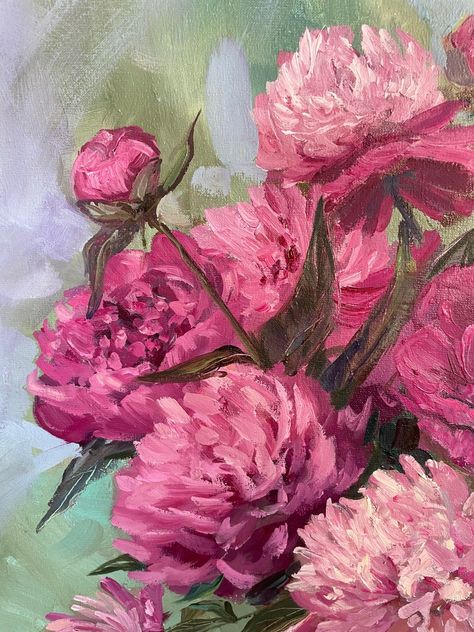 Pink Oil Painting, Light Pink Peonies, Peonies Painting, Acrylic Painting Inspiration, Peony Painting, Acrylic Painting Flowers, Acrylic Painting Techniques, Daily Painting, Flower Art Painting