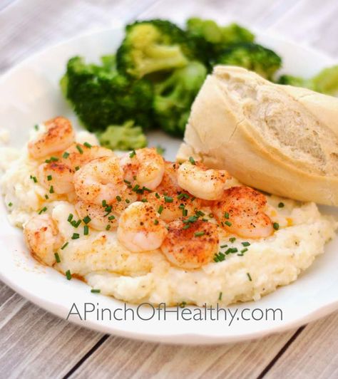 My garlic parmesan cheese grits are made on the stovetop, and they are a great side item to serve with shrimp, scallops or fish. Parmesan Grits, Pureed Cauliflower, Cheesy Grits, Shrimp Scallops, Healthy Diets, Cheese Grits, Saucepans, Spicy Shrimp, Frugal Meals