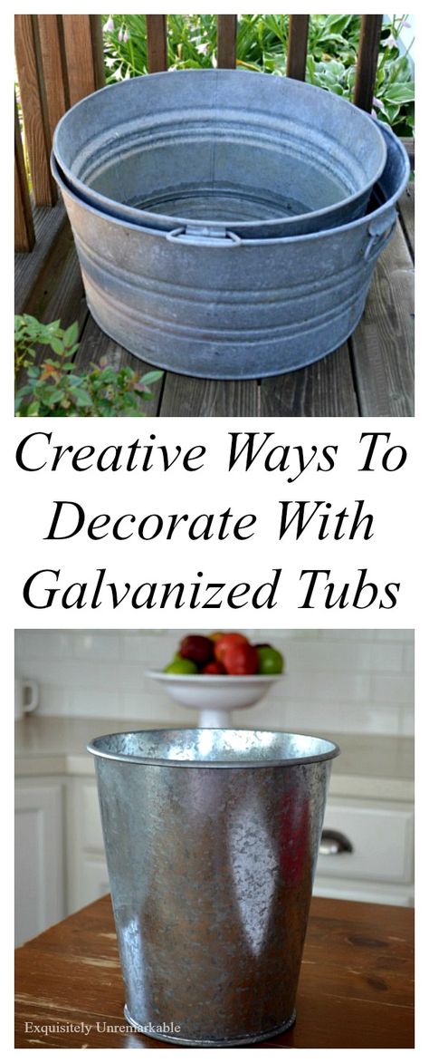 Creative ways to decorate with galvanized tubs in the garden and in your home! Come see... Bucket Decor, Galvanized Decor, Galvanized Tub, Galvanized Buckets, Metal Tub, Tub Ideas, Wash Tubs, Metal Bucket, Reuse Recycle