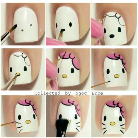 Tutorial hello kity                                                                                                                                                                                 Más Hello Kitty Nail Art, Kitty Nail Art, Paznokcie Hello Kitty, Hello Kitty Nail, Hello Kitty Nails Art, Kitty Nail, Halloween Nails Diy, Kids Nail Designs, Cat Nail Art