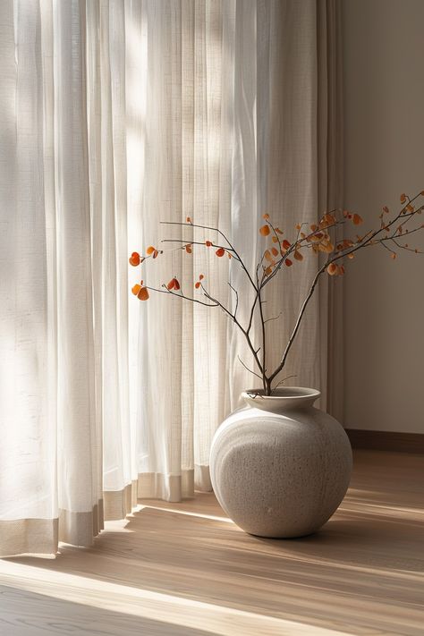 Plants Japandi, Minimal Plant Decor, Japandi Curtains, Ruangan Studio, Scandinavian Curtains, Japandi Interiors, Hygge Living, Japandi Design, Japanese Minimalism