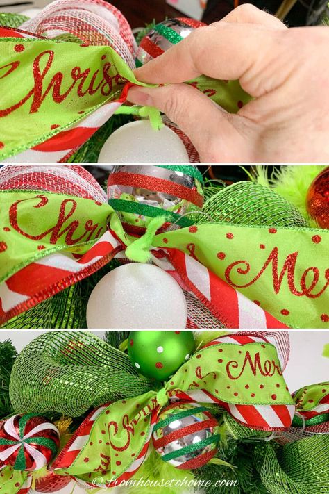 How to add red and green ribbon to the DIY Grinch Christmas garland Grinch Christmas Wreaths & Garlands, Grinch Fireplace Decorations, Grinch Christmas Garland Diy, Diy Grinch Christmas Tree Topper, Grinch Wreaths Diy, How To Make A Grinch Wreath, How To Add Ribbon To Garland, Grinch Mantel Decor, Grinch Legs For Christmas Tree