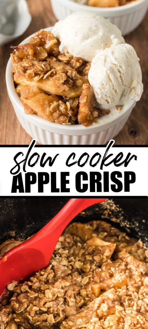 Easy Slow Cooker Apple Crisp with brown sugar cinnamon oat topping is the perfect way to use some of your favorite apples. Served warm or cold, this dessert is a favorite! | www.persnicketyplates.com Crock Pot Apple Crisp Slow Cooker, Crockpot Apple Crisp With Pie Filling, Easy Crockpot Apple Crisp, Apple Crisp Recipe Crock Pot, Apple Crisp Crockpot Easy, Apple Crisp In Crockpot, Apple Crisp Crockpot, Cinnamon Apples Crockpot, Crock Pot Apple Crisp Recipe