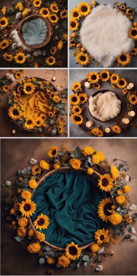 Digital Newborn Backdrops, Diy Newborn Backdrop, Newborn Photoshoot Background, Newborn Photography Backdrop, Sunflower Newborn Pictures, Newborn Sunflower Photoshoot, Background For Baby Photoshoot, Baby Shoot Background, Photo Shoot Ideas For Baby