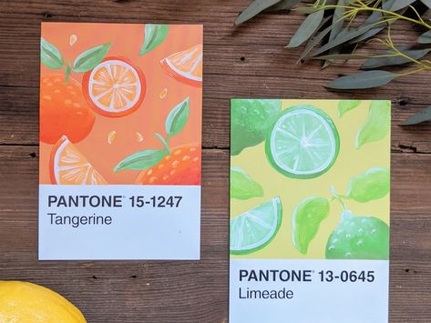 Pantone postcard paintings by Katie Nieland on Dribbble Tangerine Painting, Pantone Painting, Pantone Postcards, Pantone Challenge, Paint Swatch Art, Pantone Paint, Pantone Art, Pantone Wall, Citrus Food