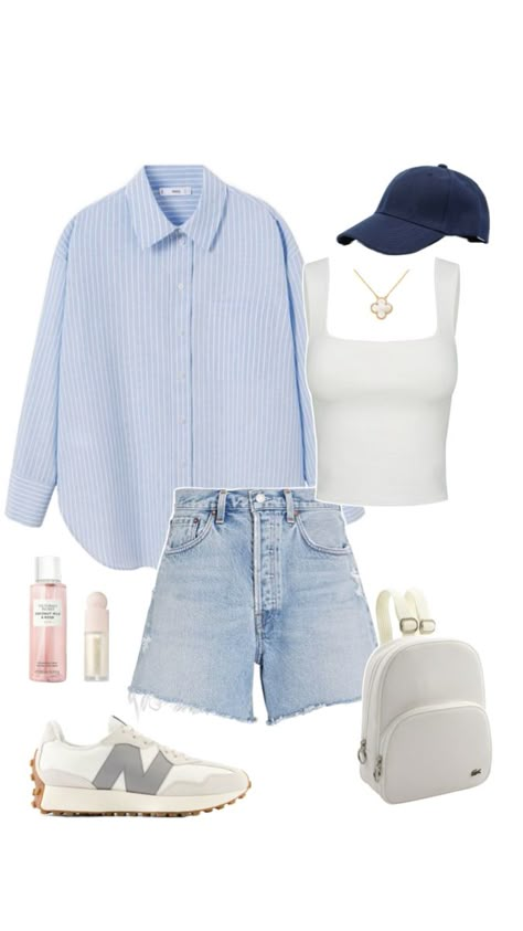 Summer outfit idea, inspiration, fashion, shirt, shorts, golden jewells, new balance #ad #sponsored  shirt - https://amzn.to/4di8Lzs top - https://amzn.to/4d8tQw8 shorts - https://amzn.to/446bOXh shoes - https://amzn.to/3Jr6qVd cap - https://amzn.to/3xIaUUx backpack - https://amzn.to/3WczK9l accessories - https://amzn.to/3xNclkR https://amzn.to/3xJaZYe https://amzn.to/4aKFziJ New Balance Ad, Striped Long Sleeve Shirt Outfit, Oversized Outfit Summer, Leather Shorts Outfit, Long Sleeve Shirt Outfits, Outfits With Striped Shirts, Capsule Wardrobe Casual, Striped Tops, Long Sleeve Outfits