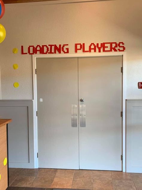 Doorway sign for video game themed VBS. #kidmin #childrensministry Board Game Themes Party, Arcade School Theme, Retro Video Game Party Decorations, Video Game Classroom Door, Retro Game Party, Video Game Backdrop, Tetris Classroom Theme, Video Game Halloween Decorations, Video Games Decorations