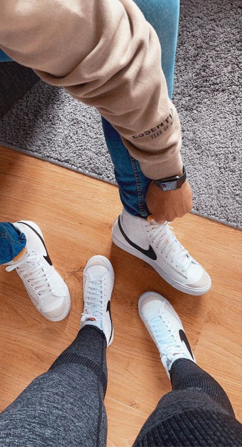 Twining Couples Outfits, Matching Nike Blazers Couple, Couple Shoes Goals, Couples Matching Shoes, Sneakerhead Couples, Matching Couple Shoes, Matching Shoes For Couples, Couple Shoes Matching, Nike Mid Blazer