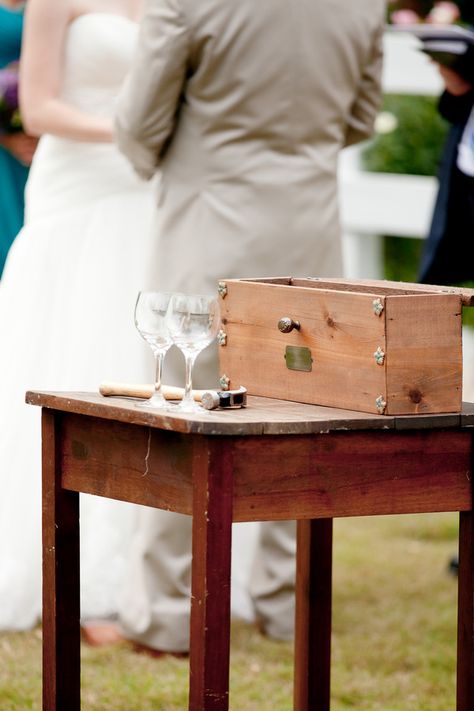 Wine box Ceremony -  couples write love letters to each other and seal them up along with the bottle of wine. Some couples choose to open the box when they are having difficulties in their marriage–to remind them of their love and why they got married in the first place. At a wedding I recently attended, the bride and groom put champagne in their box {the groom made the box} and have chosen to open it up each year on their anniversary. Sand Marriage Unity Ceremony, Unity Candle Alternatives Wedding Collectibles, Wedding Ceremony Sand Unity, Pouring Sand At Wedding Unity Ceremony, Unity Candle Alternatives Unity Braids®, Unity Candle Alternatives, Unity Ideas, Wine Box Ceremony, Wine Box Wedding