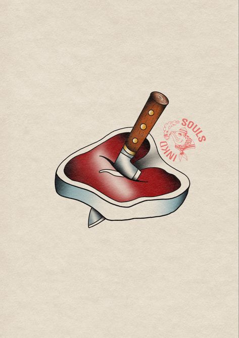 American traditional steak with a knife going through it tattoo design Steak Tattoo, It Tattoo Design, It Tattoo, Americana Tattoo, Miami Tattoo, Knife Tattoo, Going Through It, To The Bone, Bad To The Bone