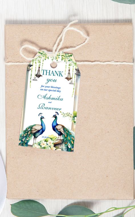 Peacock jasmine Indian wedding thank you favor gift tags template modern watercolor peacock tags Thank You Tags For Wedding, Thank You Card Wedding, Gift Tags Template, Indian Invitation, Peacock Wedding Invitations, Indian Invitation Cards, Indian Invitations, Wedding Name Tags, Watercolor Peacock