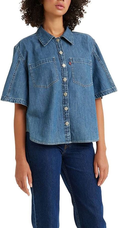 Denim Short Sleeve Shirt, Denim Shirt Style, Levis Shirt, Resort Shirt, Lightweight Shorts, Cozy Chic, Levis Women, Denim Short, Amazon Women