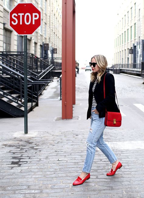 December 18, 2017 Parisian Flair - Coat | Tee: Alexander Wang | Denim: Levi’s | Loafers: Sarah Flynt | Bag: Celine | Lipstick: Ruby Woo Red Moccasins Outfit, Styling A Red Bag, Outfits With Red Ballet Flats, Red Purse Outfit, Red Flats Outfit, Red Sneakers Outfit, Mom Friendly Outfits, Red Bag Outfit, Chic Mom Outfits