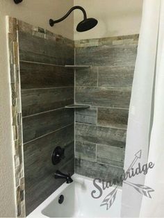 My new bathtub surround.....love it! Rustic Bathroom Shower, Small Basement Bathroom, Diy Rustic Home, Cabin Bathrooms, Casa Vintage, Rustic Bathrooms, Basement Bathroom, Bathroom Redo, Rustic Bathroom