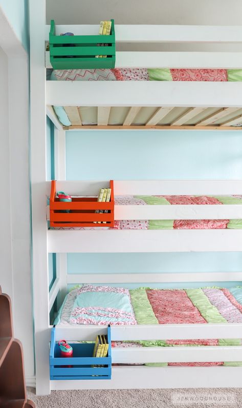 Top Bunk Bed Shelf Ideas, Bunk Bed Pocket, Upper Bunk Bed Storage Ideas, Bunk Bed Shelves, Bunk Bed Nightstand, Bunk Bed Shelf, Bed Shelf, Design Seed, Triple Bunk Beds