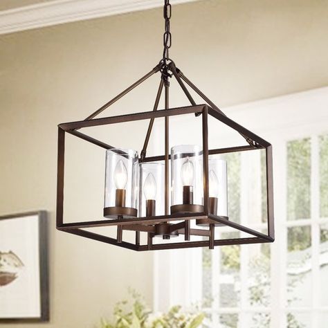 Looking for a contemporary piece to light your home? This appealing rectangular cage lamp with pyramid braces will add sophistication to your space. Four candelabra style lamps with clear glass tube hoods add elegance and charm. Entryway Pendant Lighting, Square Chandelier, Lantern Chandelier, Large Pendant Lighting, Geometric Chandelier, Farmhouse Light Fixtures, Rectangle Chandelier, Dining Room Light Fixtures, Antique Kitchen