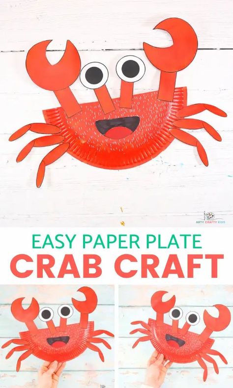 Learn how to make this Paper Plate Crab Craft with our easy to follow step-by-step tutorial. Crabs are the perfect subject for a Summer craft session with the kids and this super easy crab craft will delight Arty Crafty Kids with its easy to color and cut shapes. Crab Craft Preschool, Paper Plate Crab Craft, Paper Plate Crab, Abc Bootcamp, Crab Craft, Crab Crafts, Under The Sea Crafts, Paper Plate Crafts For Kids, Crab Art