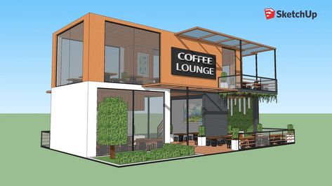 Container Shop Design Ideas, Coffee Lounge Ideas, Cafe Elevation Design, Sketchup Restaurant Design, Cafe Plan Architecture, Coffee Shop Architecture, Coffee Shop Elevation, Modern Warehouse Design, Coffee House Interiors