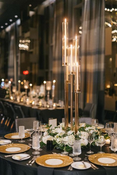 New Year's Eve - W Hotel Philadelphia Wedding - Carlianne & Justin Chuppah With Candles, Candleabra Ideas With Flowers, Candleabra Ideas, Gold Candleabra Wedding, Candlebra Centerpiece Gold, Gold Candelabra Wedding, Crystal Candleabras Centerpiece Wedding, Gatsby Theme, W Hotel