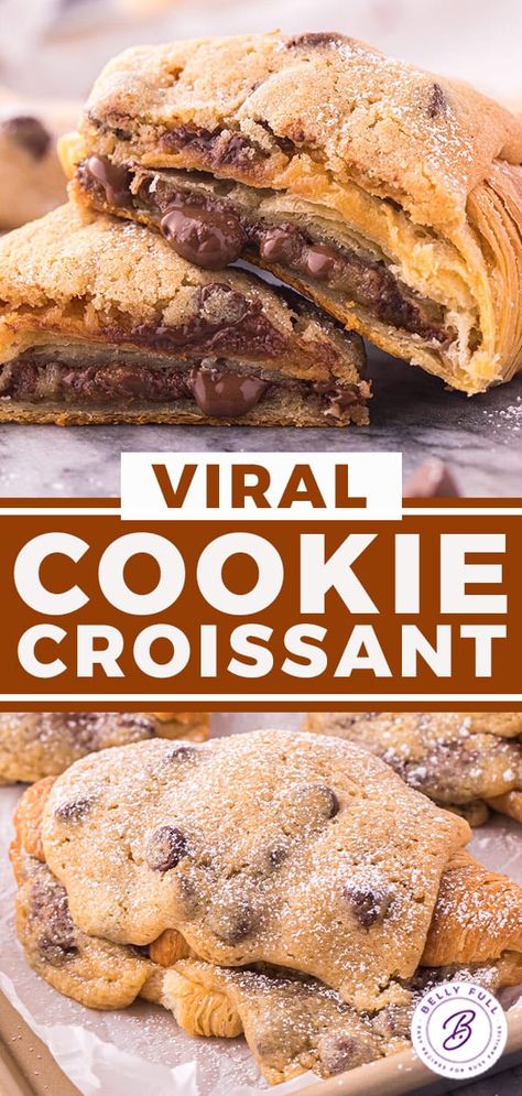 Cookie Croissant {Le Crookie} - Belly Full Crescent Roll Cookies Recipes, Chocolate Chip Croissant, Cookie Crescent, Crescent Cookies Recipes, Chocolate Chip Croissant Cookies, Nut Crescent Cookies, Crossaint Cookie, Croissant Chocolate Chip Cookie, Smore Cookie Croissant