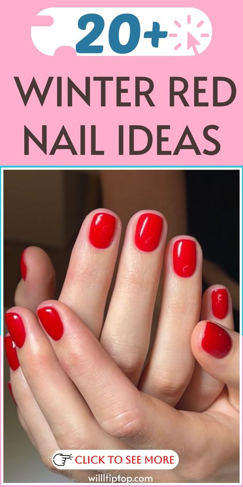 ❄️ Embrace the fiery allure of Winter Red Nail Ideas that will set your cold-weather style ablaze with passion and sophistication! ❤️ From deep crimson hues to sparkling ruby tones, our curated selection of red nail designs is perfect for adding a touch of bold elegance to your seasonal look. Stand out in the winter landscape with these chic and trendy red nail ideas that will keep you looking fabulous and on-trend throughout the season. #WinterRedNails #PassionateElegance #SophisticatedManicure Dnd Bonfire Nails, Christmas Nail Ideas Solid Colors, Extra Short Red Nails, Red Nail Polish For Fair Skin, Red Nails With One Glitter Nail, Red Dip Nail Colors, Dip Powder Red Nails, Red Christmas Nails Natural, Christmas Red Dip Nails