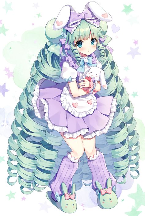 Safebooru - 1girl :o animal ears apron bangs blue eyes bow commentary request commission drill hair eyebrows visible through hair frilled apron frilled bow frilled skirt frills full body green footwear green hair hair bow heart highres kneehighs long hair looking at viewer mauve object hug original parted lips pixiv request pleated skirt puffy short sleeves puffy sleeves purple bow purple legwear purple skirt rabbit ears shirt short sleeves simple background skirt slippers solo standing starry Green Footwear, Skirt Puffy, Rabbit Slippers, Frilled Skirt, Parted Lips, Puffy Skirt, Purple Bows, Anime Hair, Rabbit Ears