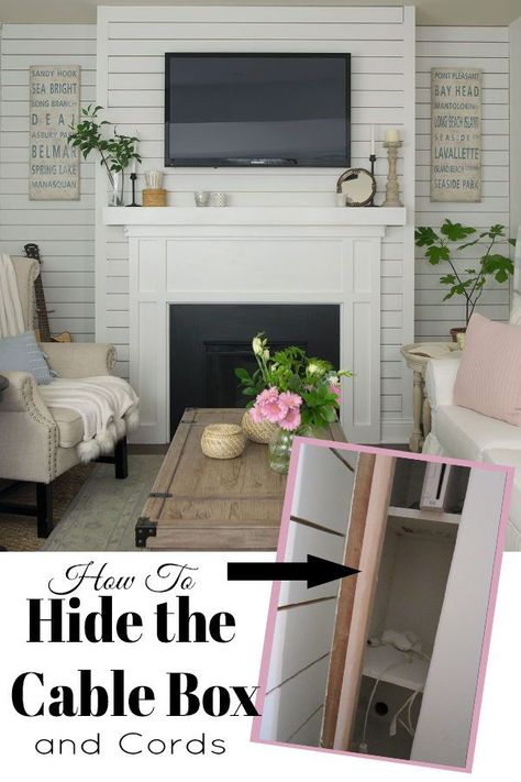 How to hide tv cords and the cable box...it's easier than you think! Even if you don't have a mantle, you can easily hide the box with these hacks. #tv #livingroom #organization Hiding Tv Boxes, How To Hide Tv Boxes And Cords, Fireplace On Short Wall, Mount Tv On Wall, Tv Above Fireplace Ideas, Fireplace Wall Ideas With Tv, Tv On Wall, Hide Tv Cords, Dodge Dually