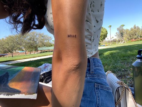 small arm tattoo ~ tattoo ideas ~ small tattoo ~ background at park 🌿 ~ belle french word for beautiful �🐈‍⬛ French Tattoos For Women, French Word Tattoos, Word For Beautiful, Belle Tattoo, Belle French, J Tattoo, French Tattoo, Tattoo Background, Small Arm Tattoos