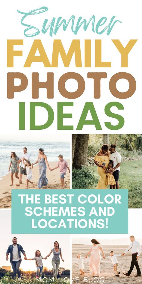 Collage of summer family photo ideas. Family Photo Colors Summer, Summer Family Photo Outfit Ideas, Summer Family Photoshoot Color Schemes, Family Photo Ideas Summer, Beach Photo Color Scheme Family Pics, Summer Family Photoshoot Outfits Color Schemes, Family Photo On The Beach, Summer Color Schemes For Family Pictures, June Family Pictures Outfits