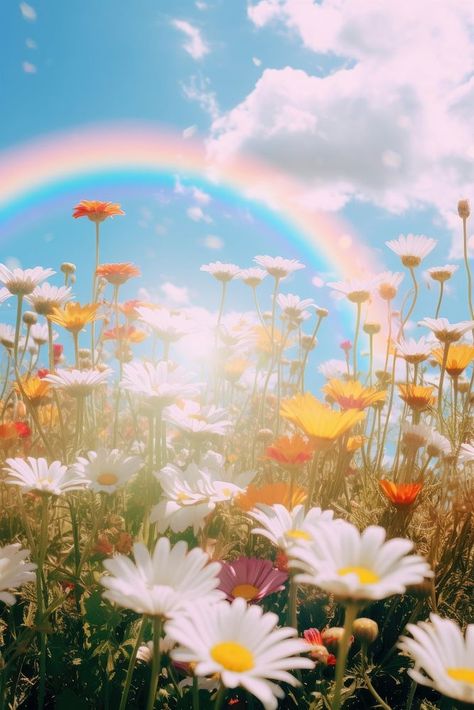 Beautiful Rainbow Nature, Rainbow In Nature, Rainbow Flower Wallpaper, Flower Field Background, Daisies Field, Rainbow Aesthetics, Rainbow Wallpaper Backgrounds, Collage Cutouts, Rainbow Nature