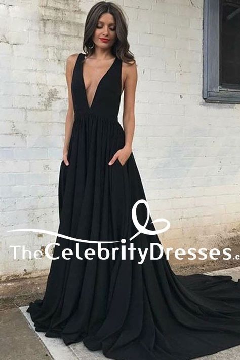 #SexyDresses #LongDresses #BlackDresses A Line Deep V-Neck #EveningDresses With Pockets - TheCelebrityDresses Celebrity Prom Dresses, Dresses With Pockets, Prom Dresses Yellow, Prom Dresses 2018, Best Prom Dresses, Elegant Prom Dresses, Piece Prom Dress, Cheap Prom Dresses, Red Prom Dress