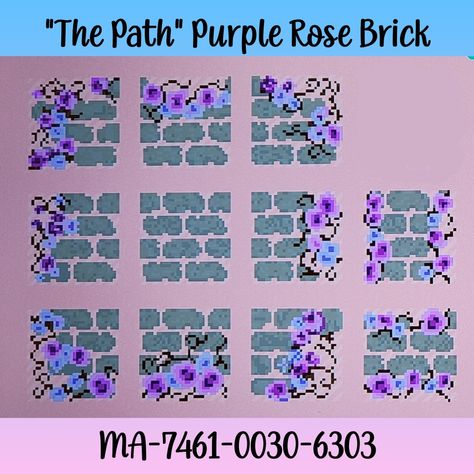 Brick pattern, purple, roses Witch Core Acnh Codes, Path Codes Acnh, Acnh Island Layouts, Acnh Purple, Pathways Ideas Walkways, Pathway Lighting Ideas, Landscaping Pathways, Fairycore Acnh, Fairycore Island