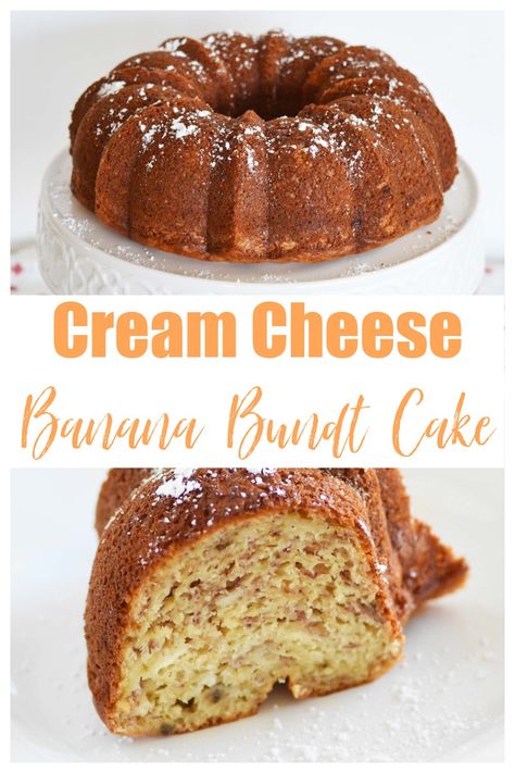 Looking for an easy bundt cake to make with ripe bananas? This super moist cake contains no butter and is so good that just a dusting of powdered sugar is all it needs making it the Best Ever Banana Bundt cake. IT features cream cheese in the batter ---so good! #bananabundtcake #bananacake #moistcake #cakes via @savvysavingcoup Best Banana Bundt Cake Ever, Banana Cream Cheese Bundt Cake, Banana Nut Bundt Cake, Banana Bundt Cake With Cake Mix Yellow, Banana Bundt Cake Recipe, Nuthin Bundt Cakes, Super Moist Cake, Bunt Cake Recipe, Banana Bundt Cake