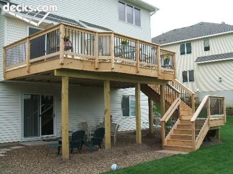 high elevation deck (perfect for a sloped yard) | Backyard ... 2nd Story Deck, Deck Remodel, Deck Pictures, Patio Deck Designs, Wooden Deck, Deck Designs Backyard, Deck Stairs, Deck Builders, House Deck