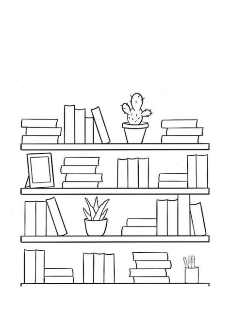 Book On Shelf Drawing, Shelf With Books Drawing, Reading Doodles Drawings, Cute Bookshelf Drawing, Aesthetic Bookshelf Drawing, Book Sketches Doodles, Bookshelf Outline, Book Shelves Drawing, Cartoon Book Drawing