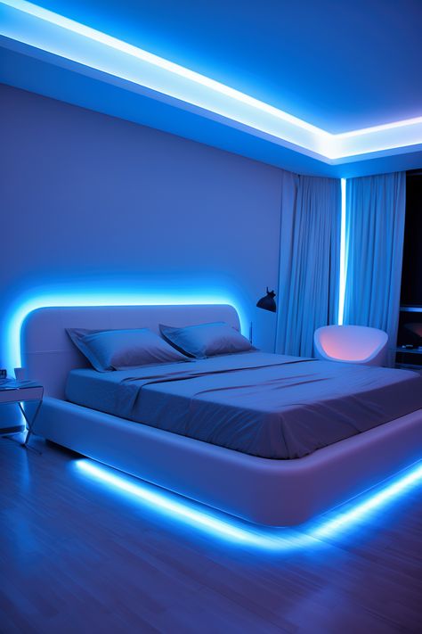 This neon bedroom embodies minimalist harmony with clean white lines and tranquil blue neon lights. The simplistic decor and functional furniture create a serene and uncluttered atmosphere. Neon Lights Bedroom, Neon Bedroom, Led Lighting Bedroom, Bedroom Refresh, Room Makeover Bedroom, Blue Rooms, Room Makeover Inspiration, Design Your Dream House, Blue Bedroom