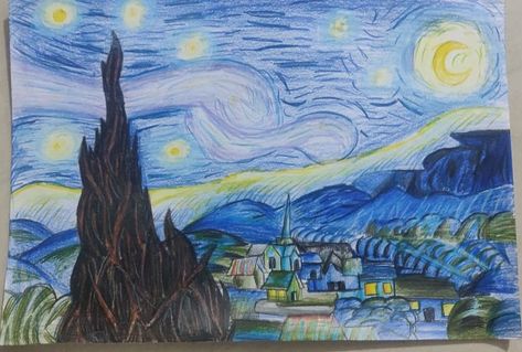 Using color pencil only. Rayan’s grade 5 school art assignment. Starry Night Drawing Easy, Color Pencil Night Sky, Starry Night Coloring Page, Starry Night Pen Drawing, Starry Night Colored Pencil, Starry Night Painting, Art Assignments, Love Drawings, Anime Sketch