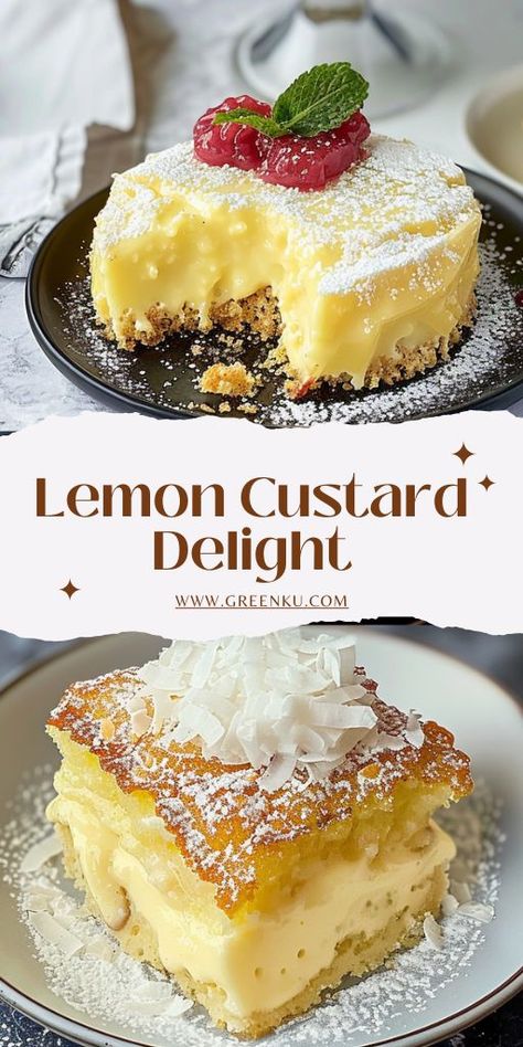 Lemon Custard Delight with Coconut and Jam Lemon custard ingredients: 1 egg 50 g sugar 40 g corn starch Juice of 1 lemon Lemon peel 300ml milk Dough ingredients: 2 eggs 100 g sugar Vanilla sugar 120ml seed oil 120ml milk 220 g flour 15 g baking powder #LemonCustard #Delight Lemon Custard Cake, Australian Pavlova Recipe, Best Lemon Cake, Berry Cheesecake Recipes, Custard Desserts, Lemon Custard, Dessert Recipies, Lemon Dessert Recipes, Custard Cake